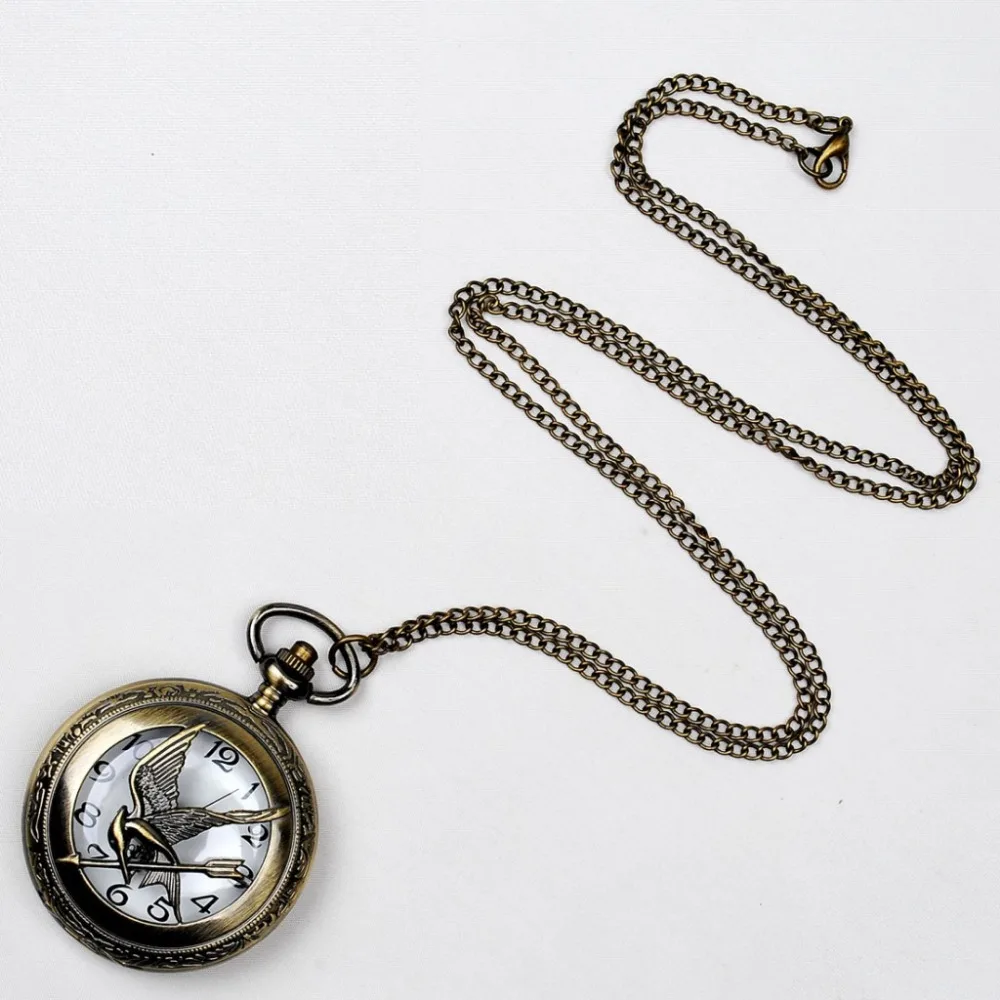 8873Half Hunter Pattern Quartz Watch Hunger Game Popular Hollow Mockingbird Design Pocket Watch Vintage Bronze Fashion Fob Table