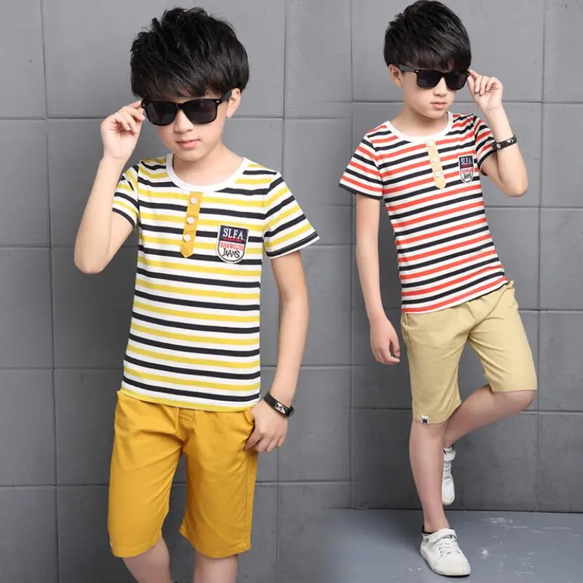 Boys clothing sets 3-13T kids summer cotton t shirt+pants children outwear boys strip shirt&beach trousers children short pants