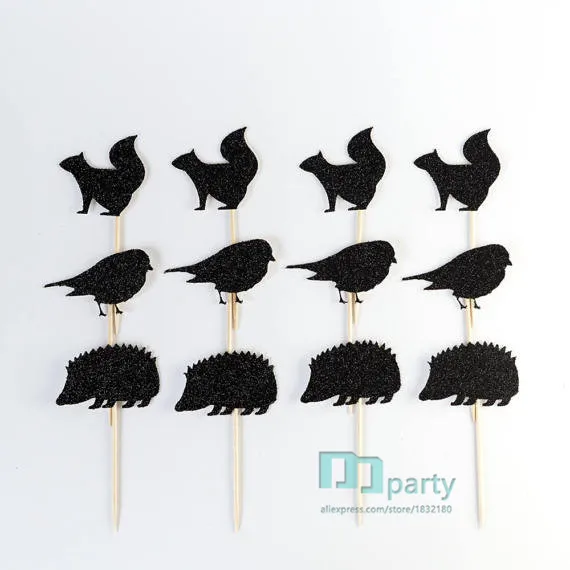 Woodland Animal Cupcake Toppers. Bird, Squirrel, Hedgehog. Custom Colour Glitter.First Birthday Party Decoration 12 Cake Toppers