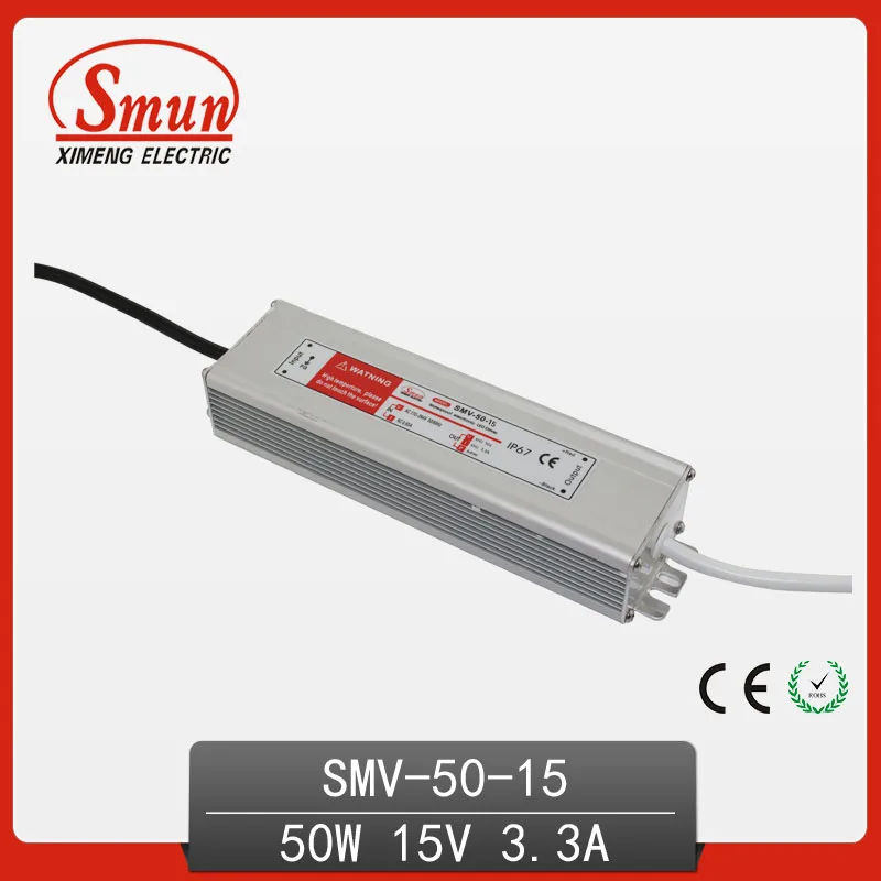 50W 15V 3.3A Wproof IP67 LED Driver Switching Power Supply for Led Strip Light with CE ROHS 1 Year Warranty SMV-50-15