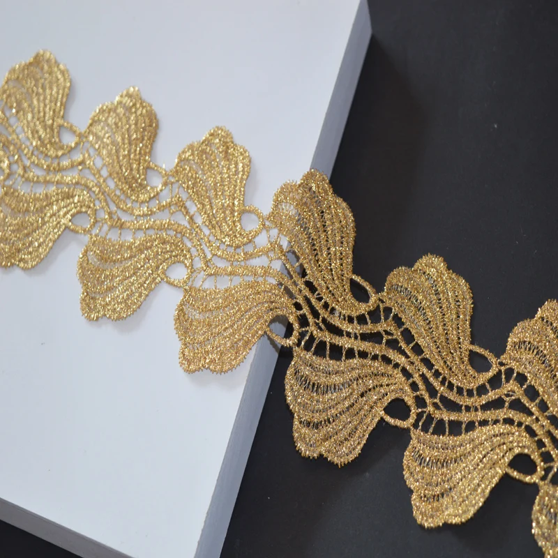 3Yds/Lot Golden Lace Fabric 8.5Cm Wide Wedding Dress Symmetrical Gold Leaf Gold Thread Embroidery Lace Accessories Trim Dress