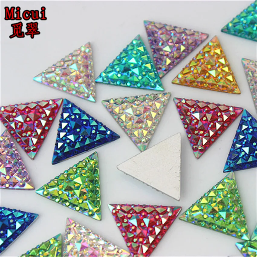 Micui 100pcs 16mm AB Color Tri-angle flatback Resin Rhinestones applique Crystal Stone Beads crafts clothing Accessories SM666