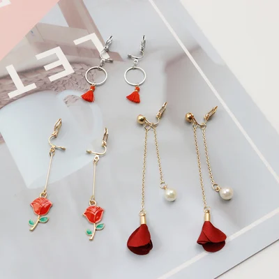 GRACE JUN 3 Pairs /set  Clip on Earrings Non Pierced for Women Luxury Geometric Clip Earrings Heart Flower Tassel Cuff Earrings