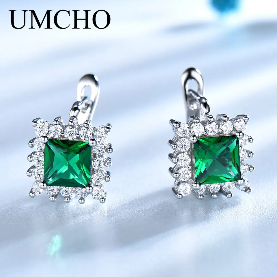 

UMCHO Luxury 925 Sterling Silver Jewelry Created Emerald Birthstone Classic Clip Earrings For Women Elegant Birthday Gifts New