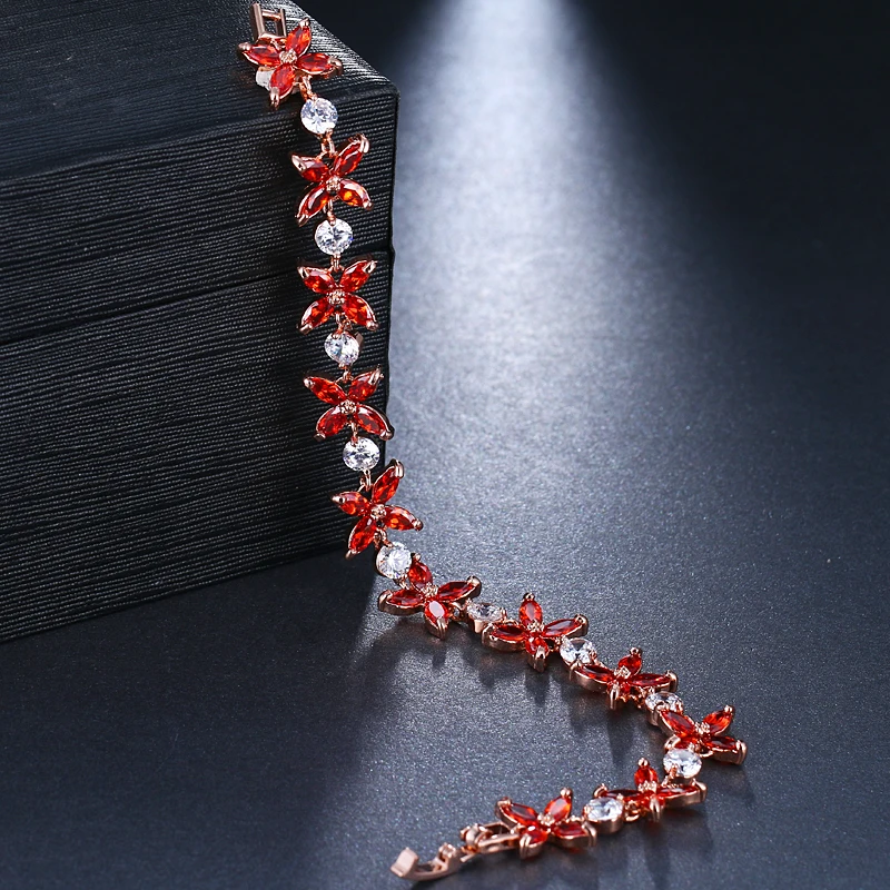 EMMAYA Silver Color Women Chain Link Bracelet Lucky Flower Wedding Jewelry Red CZ Stones Cheap Price