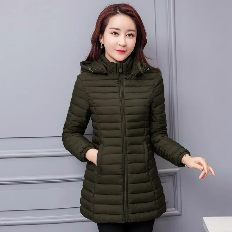 6XL Women Autumn Winter coat Parkas 2025 New Solid Hooded Down Cotton Jacket Medium Long Clothing Outerwear Slim Chic Top Female