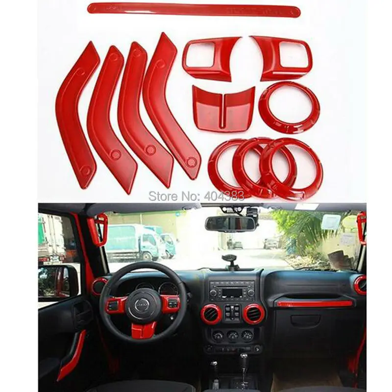 

balck red 12pcs Chrome Interior Steering Wheel Door Air Vent Trim Cover Set Decor Accessories for Jeep Wrangler 4-Door 2011-2015