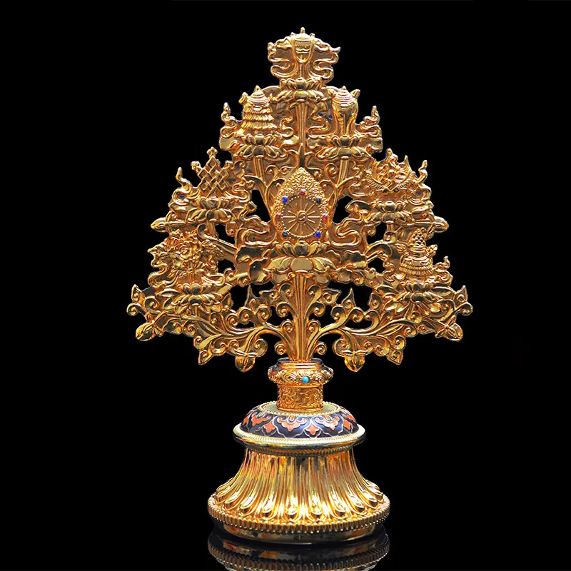 

Nepal Buddhist Exquisite Alloy Metal Gold Plating Eight Auspicious Symbol Treasured Tree Tibetan Putting Home Temple Decoration