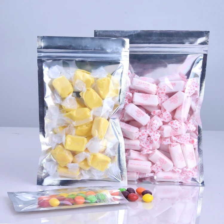 Clear Font Glossy Silver Window Ziplock Bag Resealable Silver Plastic Sugar Candy Coffee Powder Spice Storage Packaging Pouches
