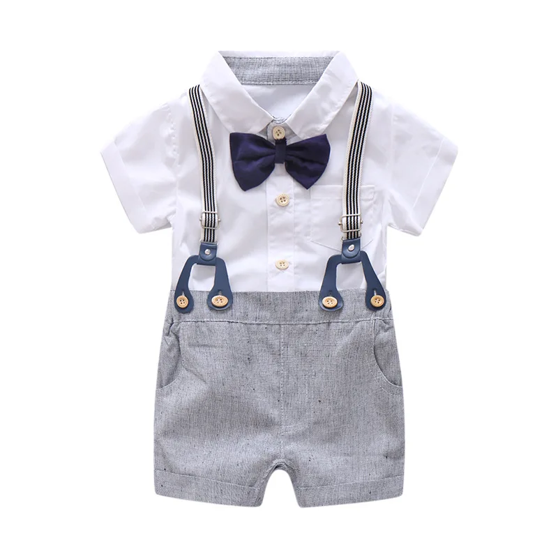 Newborn Baby Boy Summer Formal Clothes Set Bow Wedding Birthday Boys Overall Suit White Romper Shirt Toddler Gentleman Outfit