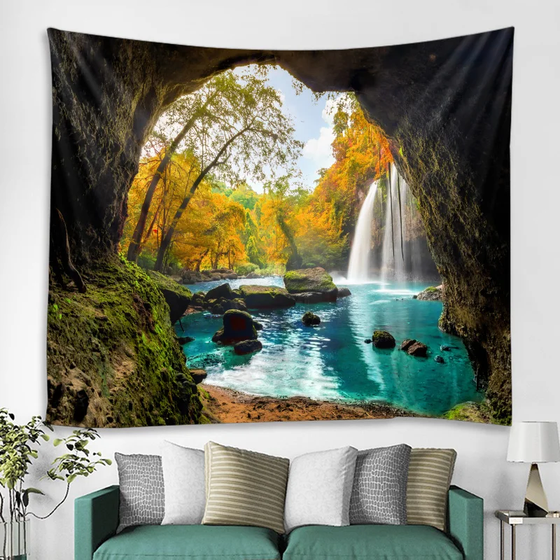 Beautiful Cave Waterfall Print Wall Hippie Tapestry Polyester Fabric Home Decor Wall Rug Carpets Hanging Big Couch Blanket image 4
