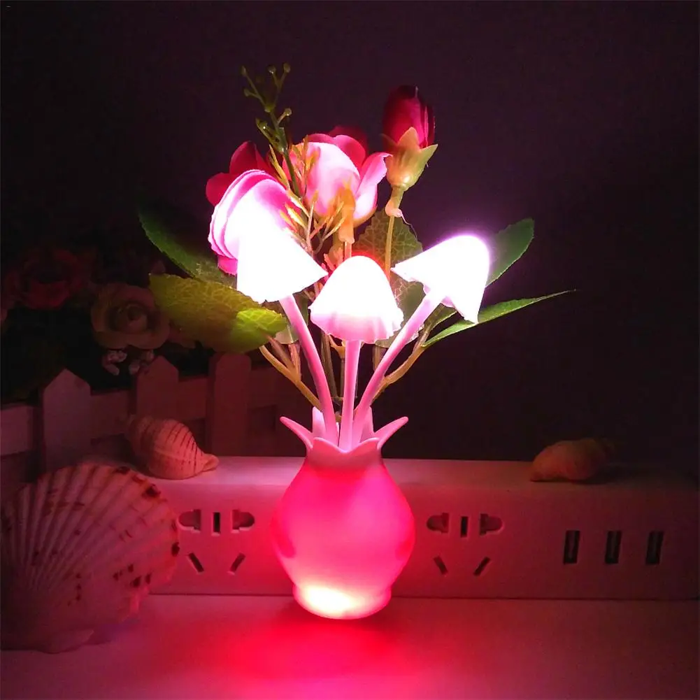 110-220V Rose Mushroom Shaped LED Night Light Induction Light Control Lamp Home Decoration Vase Socket Lamp Lighting Tool