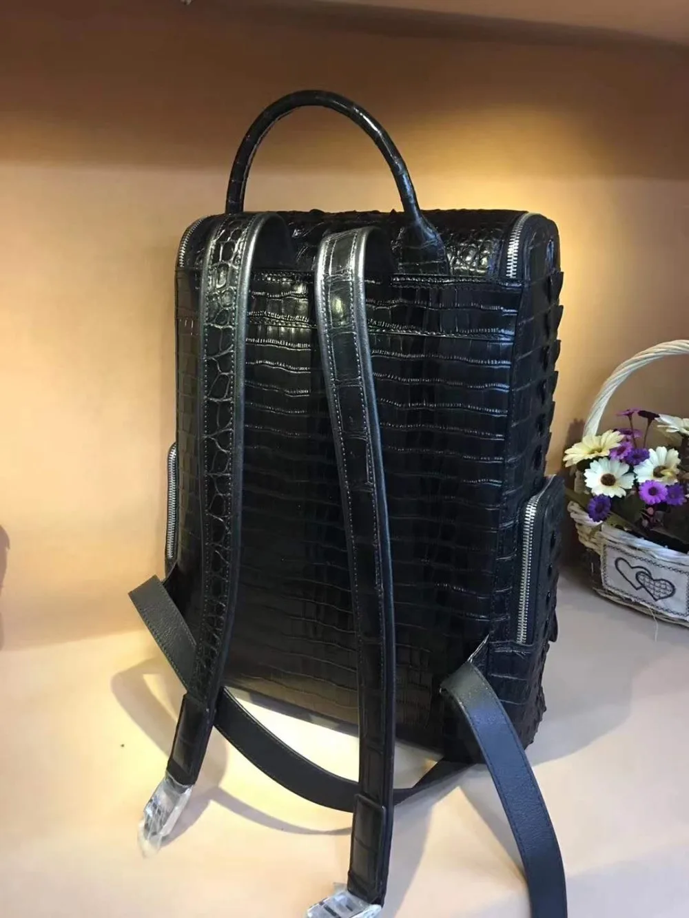 Luxury quality 100% real genuine crocodile skin leisure women backpack bag black color lady daily bag with top handle fast ship