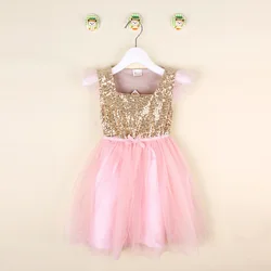 Cute Retail Baby Summer Dress Little Girl Gold Sequin Top with Pink Glitter Tulle Stitching Tutu Dress Kids Party Princess Dress