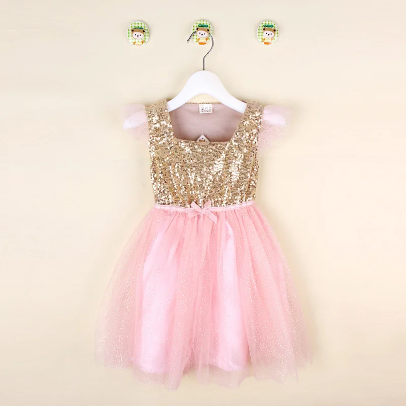 Cute Retail Baby Summer Dress Little Girl Gold Sequin Top with Pink Glitter Tulle Stitching Tutu Dress Kids Party Princess Dress