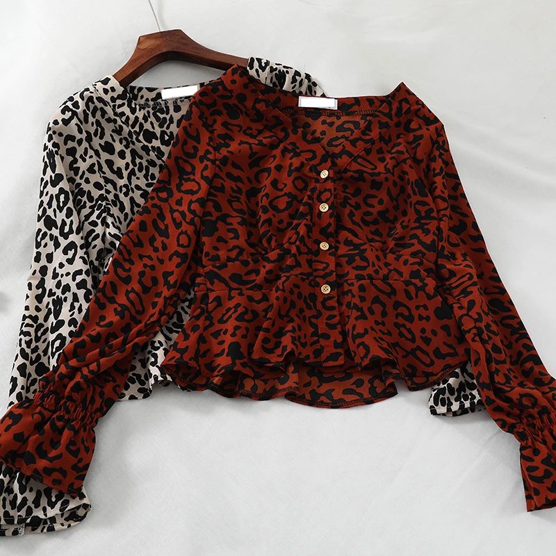 2024 Women Spring Autumn Flare Sleeve V-Neck Leopard Basic Ruffles Shirt Lady Short Slim Cardigan Button Chic Blouse Tops