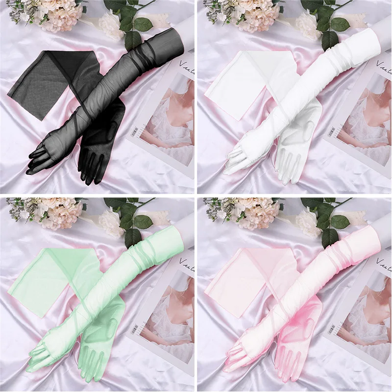 YiZYiF Women Sheer Tulle Gloves Transparent Full Finger Elbow Long Gloves Mittens Party Photography Accessory Sexy Long Gloves