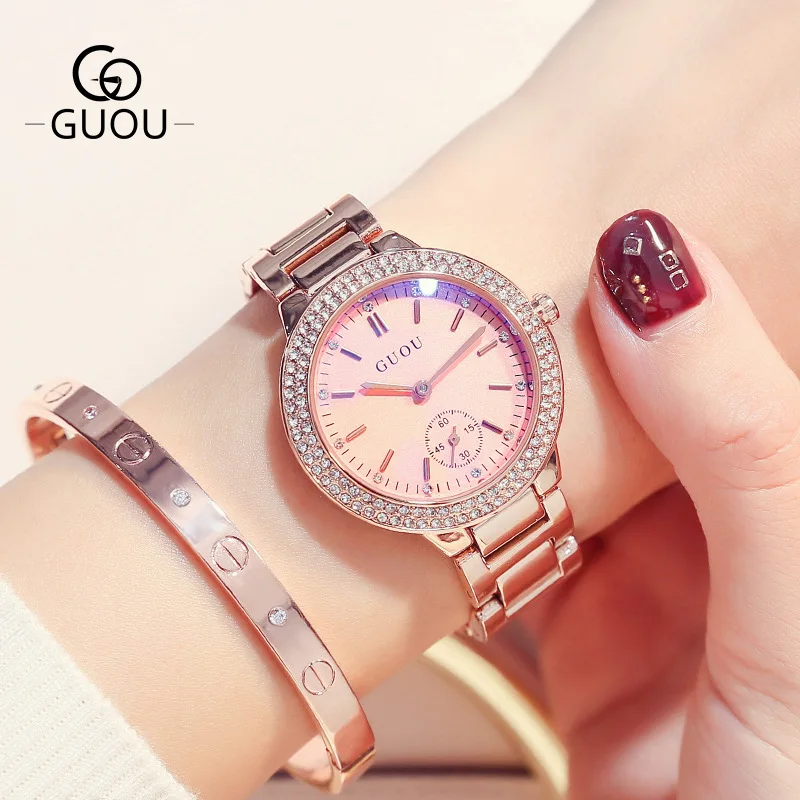 

Luxury Fashion Lady Quartz Watch female Round pink zircon stone dial second eye wrist Watch Waterproof Steel watchband G8141