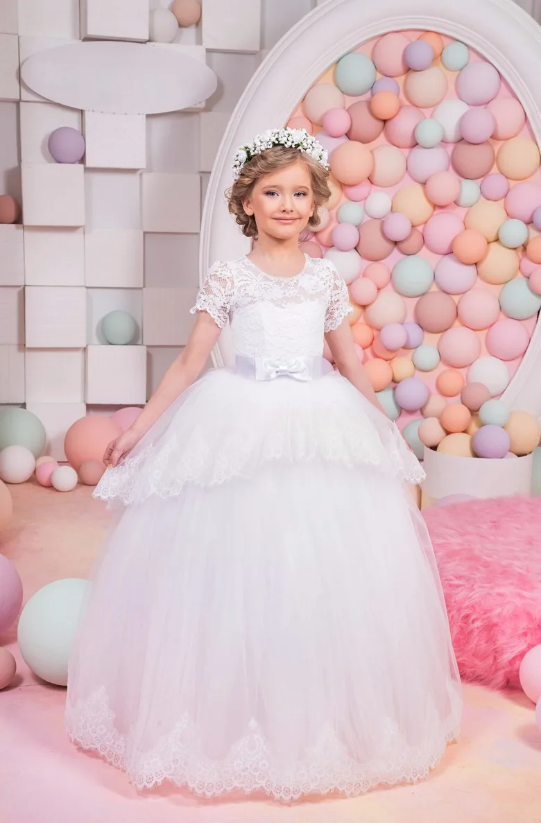 Lovely Flower Girl Dresses for Wedding White Lace Tulle Bow Kid Ball Gown Princess Birthday Party Gown First Communion Dress