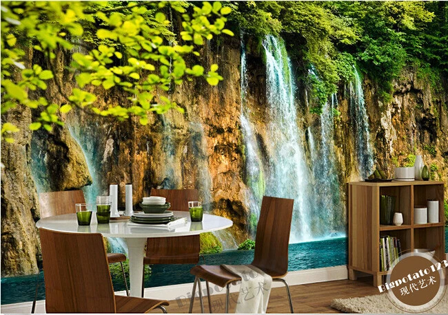 

The latest 3D murals,beautiful green tree branches leaves stone waterfall scenery, living room TV sofa bedroom wall paper