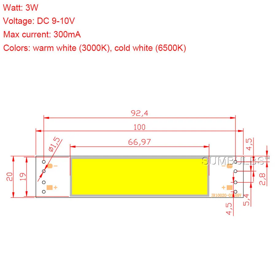 Sumbulbs Big Promotion DC 9V LED Light Source COB Lamp Strip for DIY 100*20MM 3W 3000K 6500K Warm Cold White Bulb 10020-0316