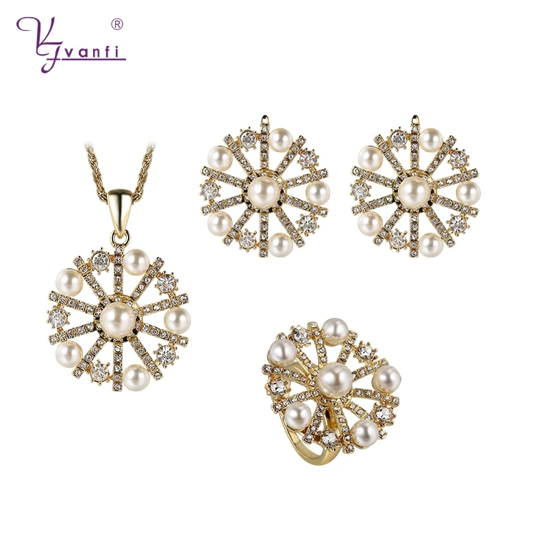 

Kfvanfi Fashion Rhinestones Crystal Beads Jewelry Sets For Women Simulation Pearls Wedding Gold Earring Necklace Ring Set Bridal