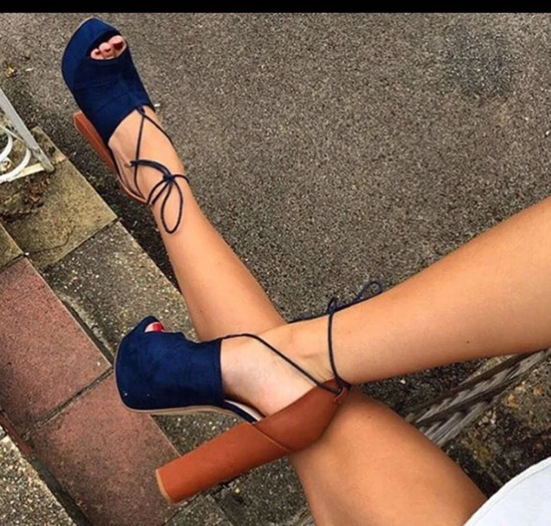 

Women Fashion Open Toe Lace-up Blue Suede Leather Thick Heel Sandals Ankle Strap Cross Platform High Heel Sandals Dress Shoes