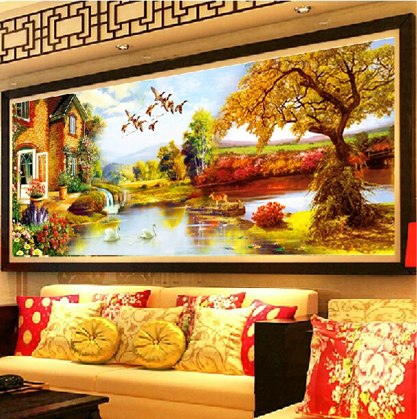 

185*75cm Needlework,DIY Set For Embroidery kit,Scenic Gold Maple River Cabin Counted Cross-Stitch Scenic Paint Wall Home Decor