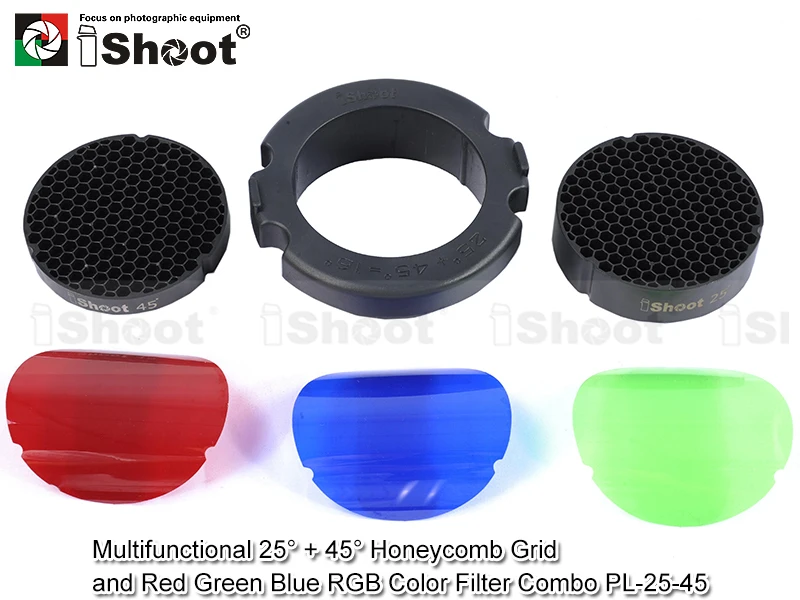 Multifunctional 25/45 Degree Honeycomb Grid + Cover + Red Green Blue RGB Color Filter Kit for Snoot Flash Softbox Diffuser