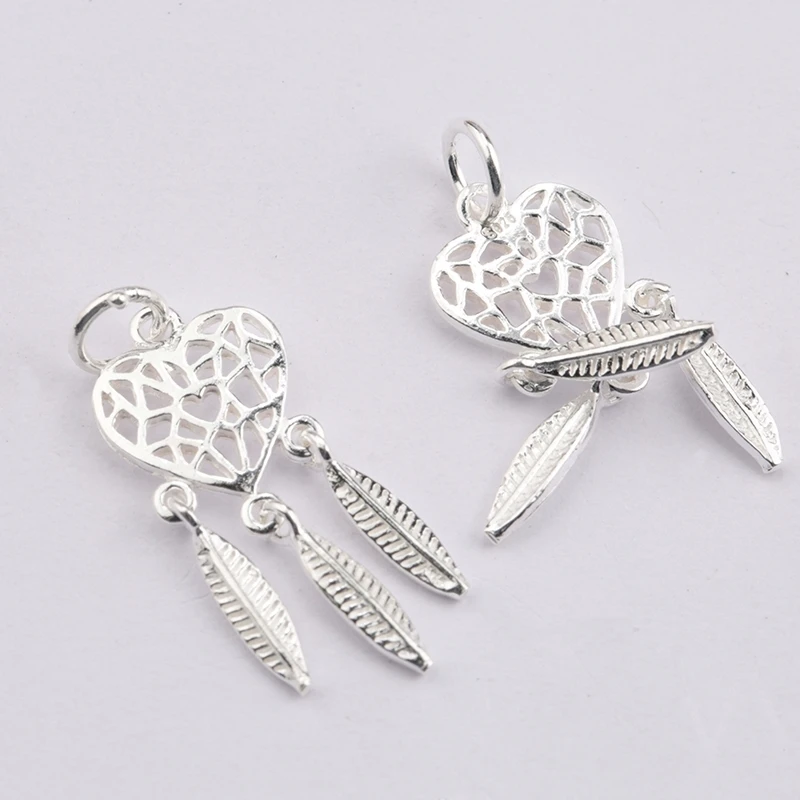 A Pair 23*9*1MM 925 Sterling Silver Love Heart Dreamcatcher Pendant  Indians Ethnic Pendant for Necklace Bracelet Making DIY