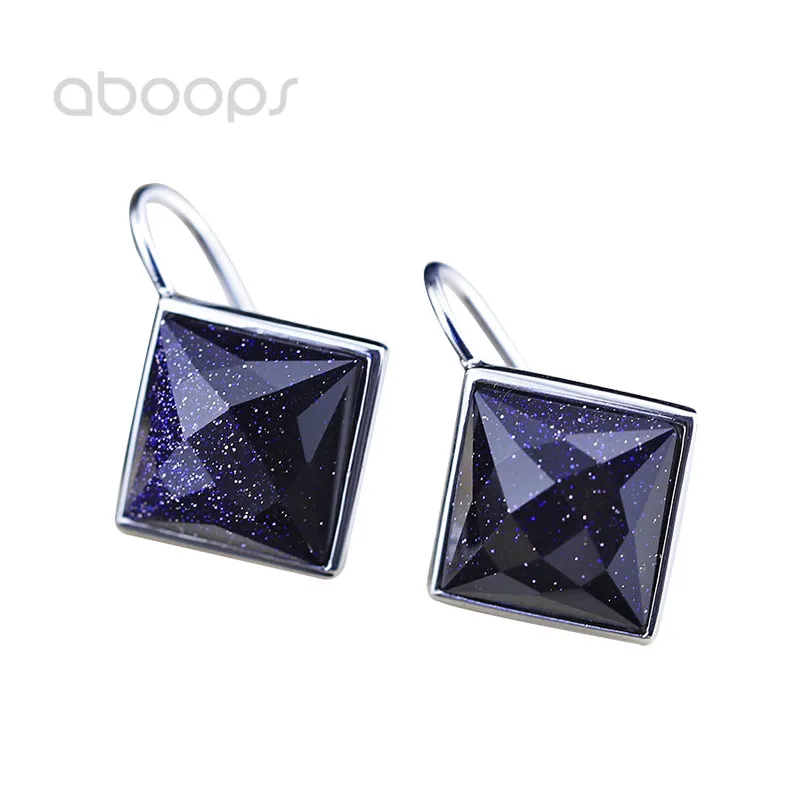 925 Sterling Silver Hoop Earrings with Rhombus Blue Sandstone for Women Girls,Free Shipping