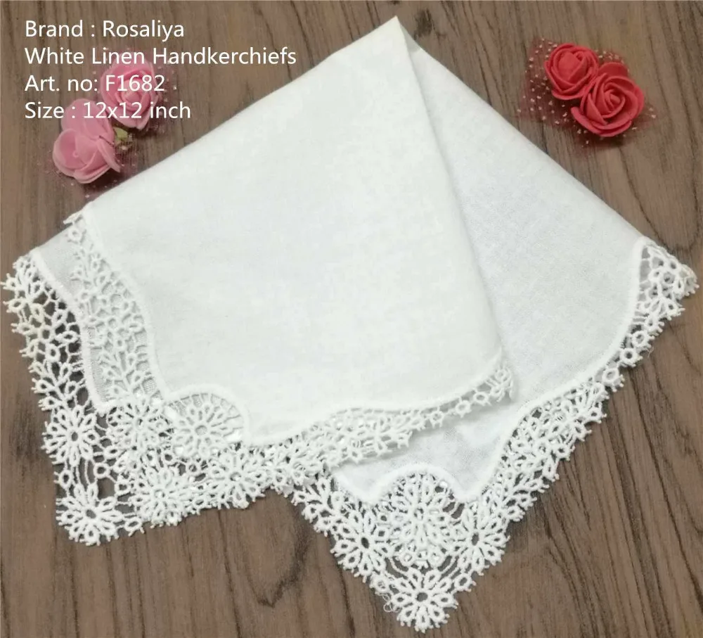 Set of 12 Fashion White Linen Table Napkin Tea Napkins Flowers Crochet Lace Trims Dinner Napkins 12x12-Inch