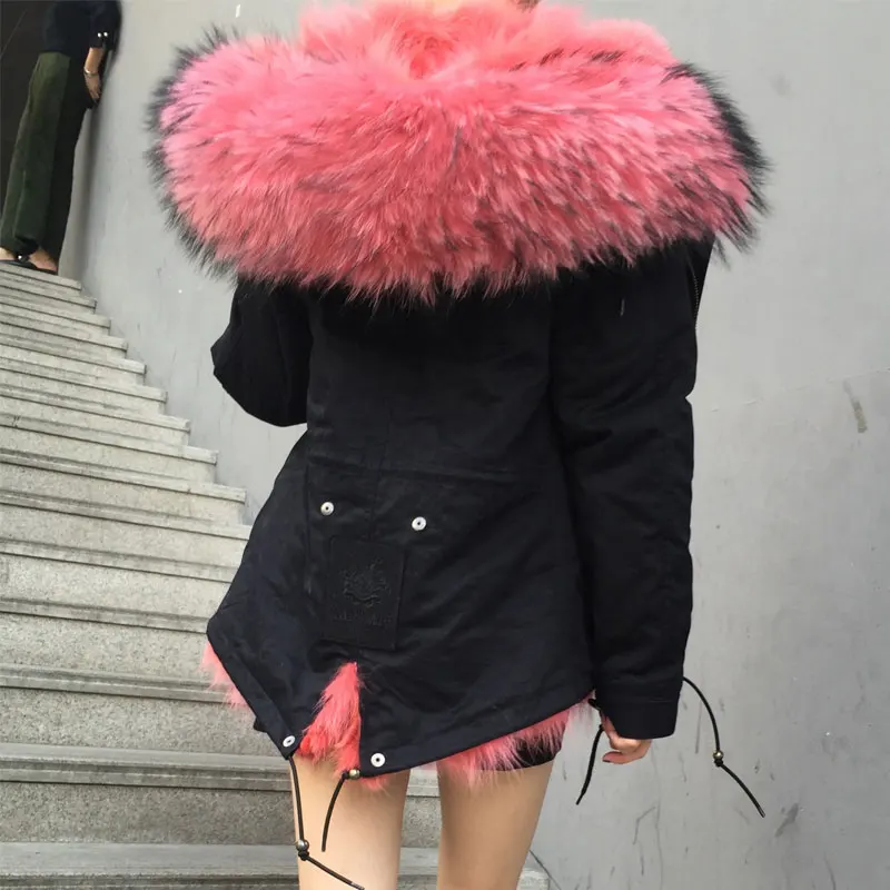 New Arrival Coral Red Fox Fur Lined Parka Short Black Cotton Overcoat For Women Big Raccoon Fur Hooded Jacket