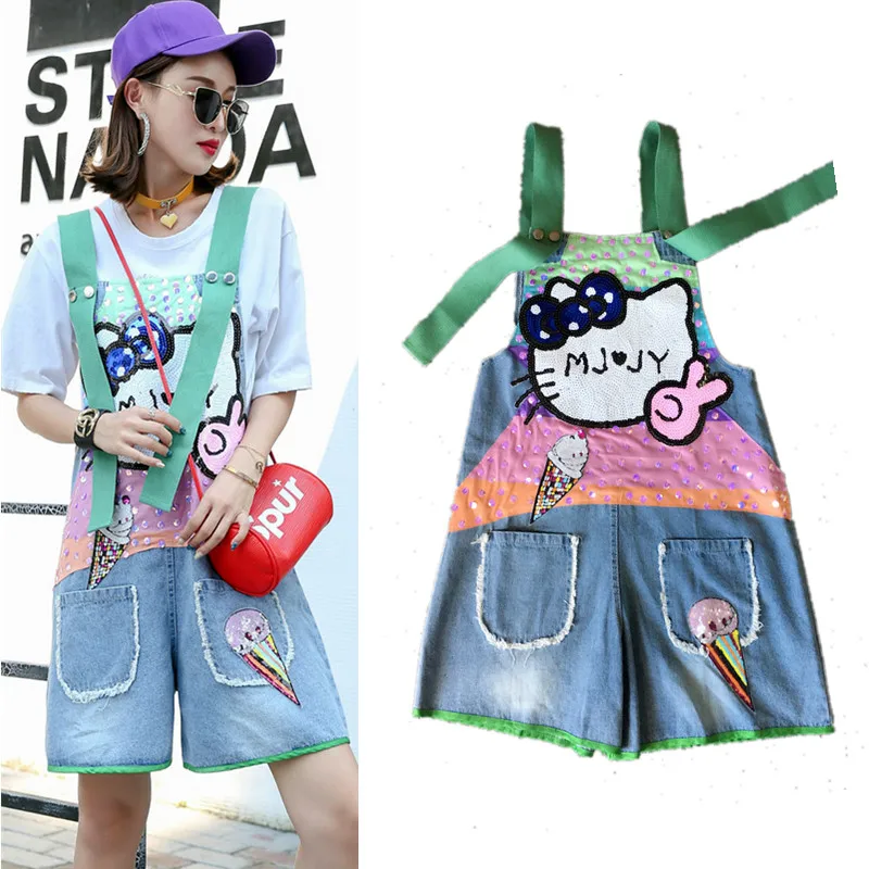 Kleurrijke Cartoon Pailletten Denim Jumpsuit Romper Vrouwen Hollow Out Overalls Zomer 2018 Losse Denim Leuke Party Rompertjes Tops NS942