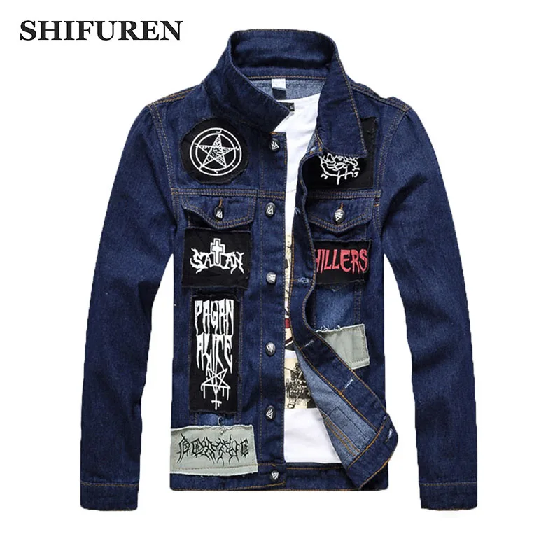 

SHIFUREN Men Jeans Jacket Patch Designs Male Long Sleeve Cotton Denim Jacket Single Breasted Punk Rock Style Cowboy Streetwear