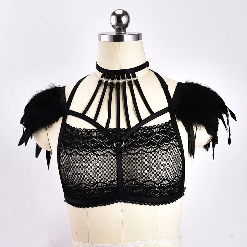 

Feather Bralette Top Boho Lingerie Festival Rave Halloween Costume Sexy Lace Body Cage Bondage Harness Mature Sexy Underwear