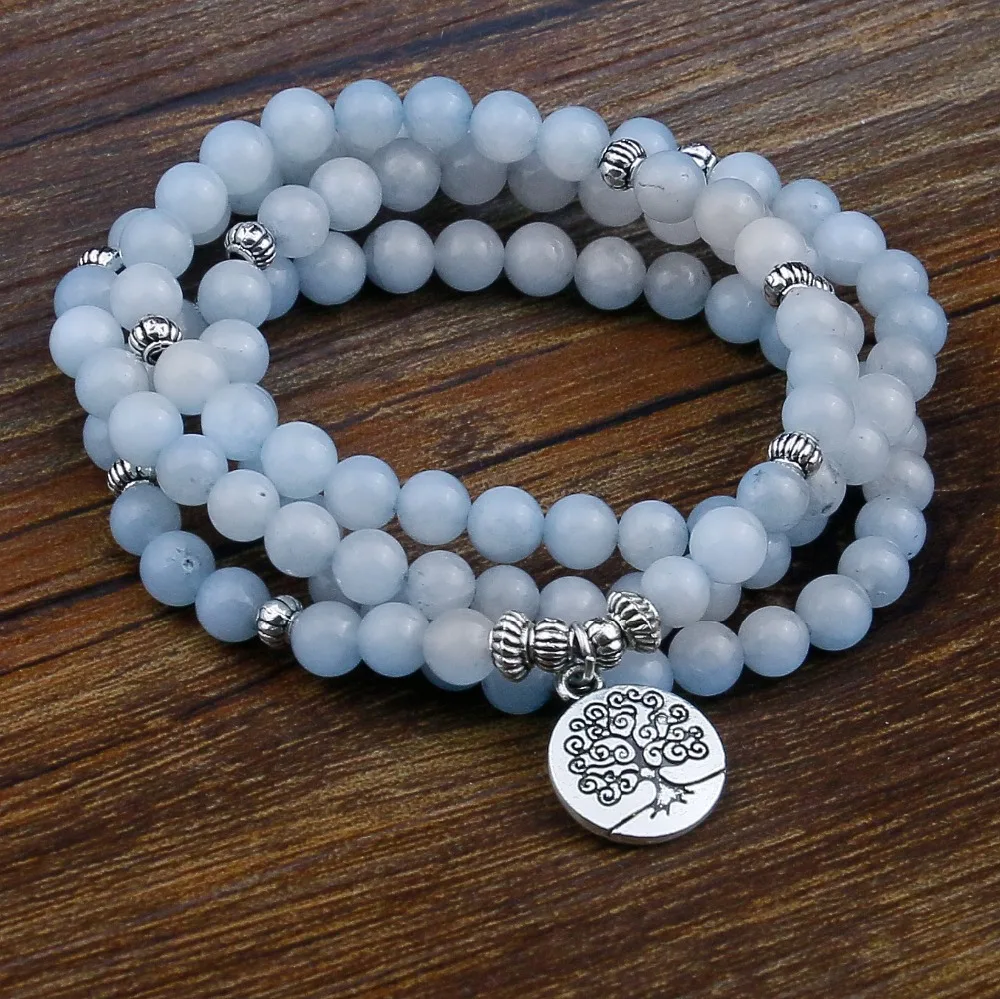 Blue Stone Beads Bracelets for Women 108 Buddha Bracelet Jewelry with Lotus Pendant Vintage Yogi Multilayer Men Jewelry