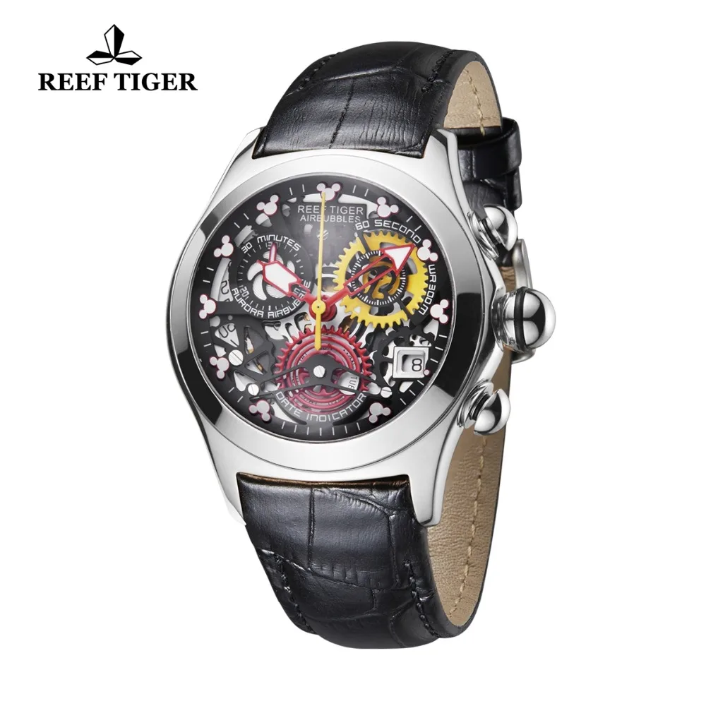 Reef Tiger/RT Fashion Sport Watches Women Steel Skeleton Analog Watches Genuine Leather Strap Waterproof Watches RGA7181