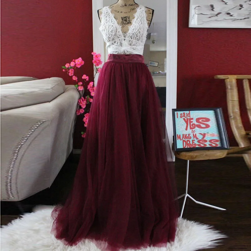 Custom Made Long Burgundy Skirt Vintage 5 Layers Tulle Tutu Skirt High Waist Invisible zipper Female Maxi Skirt Faldas saia