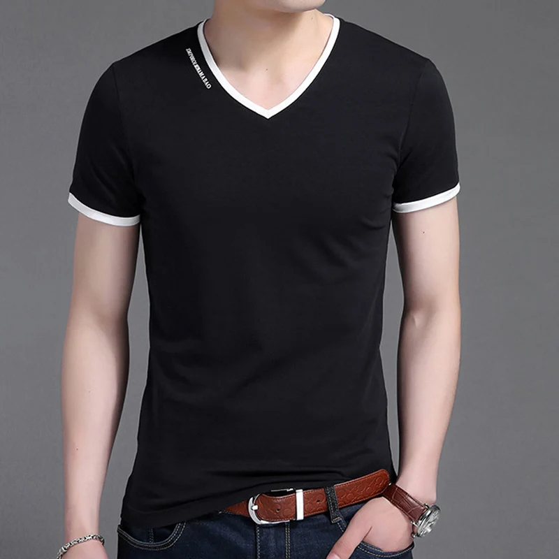 Liseaven Men T Shirt V-Neck cotton tshirt Short Sleeve T-Shirts Men\'s Slim Fit Solid Color Tee Shirt