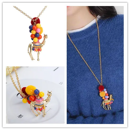 handmade desert camel enamel glaze colorful poms animal necklace sweater chain long necklace big pendant