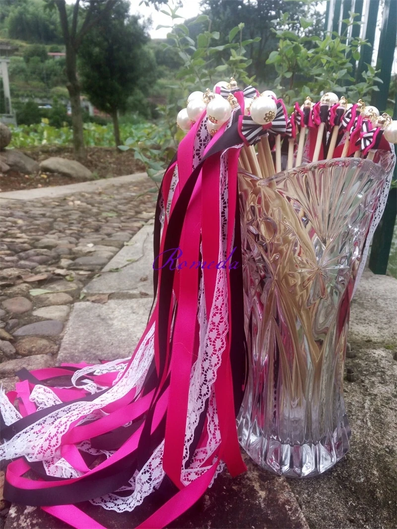 25pcs/lot  New  Noble Luxurious Wedding Ribbon Wands With Pearl and Bowknot Wedding Ribbon Stick,ribbon Twirling Streamers