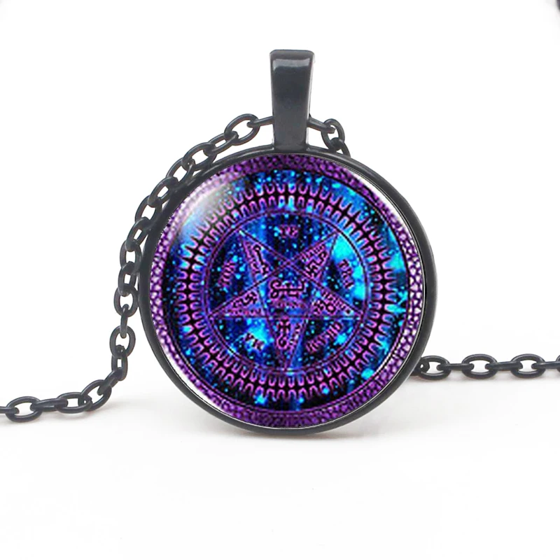 

Vintage Steampunk Black Butler Purple Pattern Necklace Tetragram Maton Anime Glass Pendant Necklace Men Jewelry Photo Long Chain