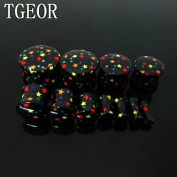 100% NEW piercing 1 pair mixed 6 gauges ear expander saddle FULL COLORFUL STARS logo printed acrylic ear plug NEW ARRIVAL FRRE