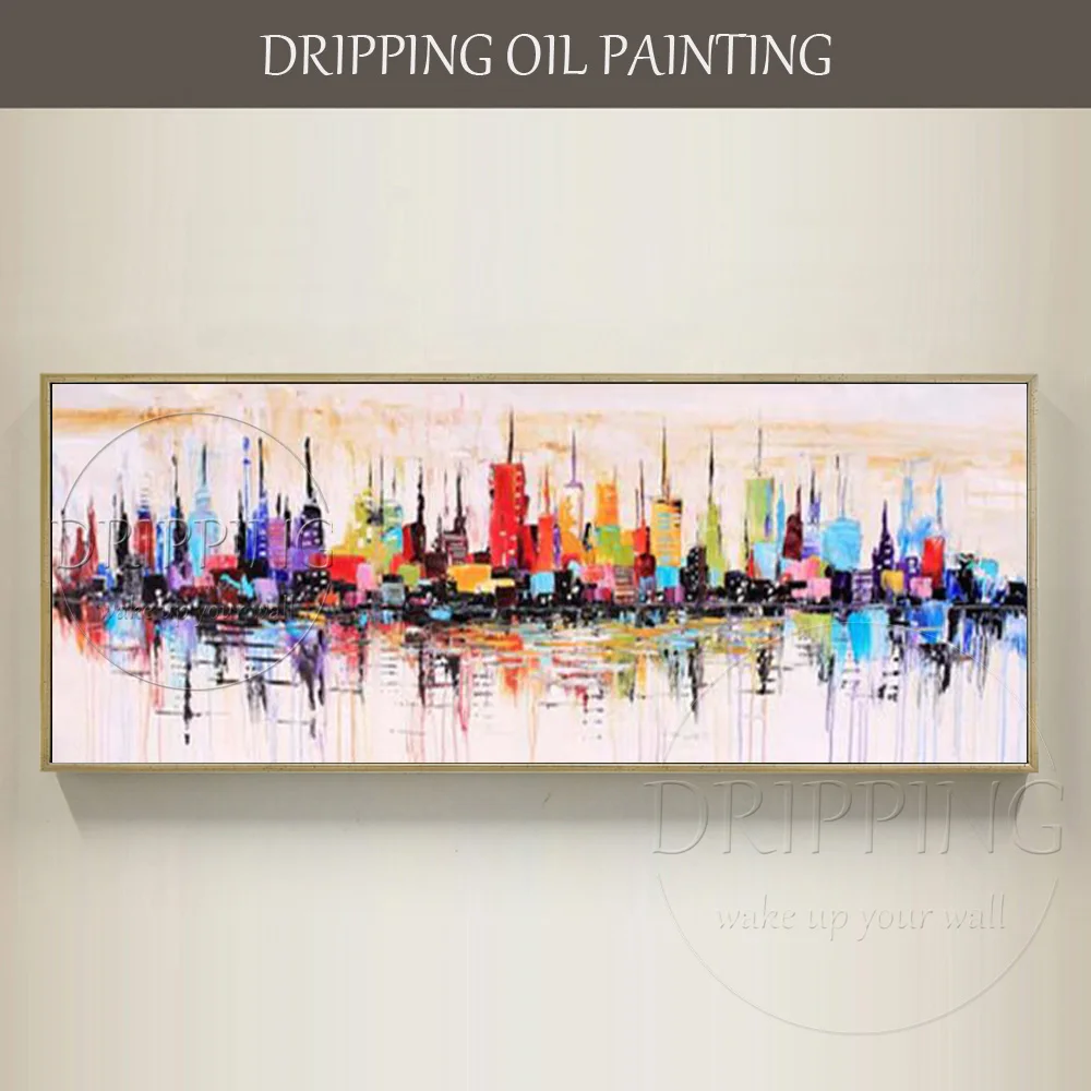 Top Artist Team Hand-painted Abstract New York Skyscrapers Oil Painting on Canvas Rich Colors Abstract Knife Oil Painting