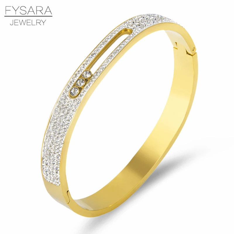 FYSARA Cubic Zirconia Crystals Three Turnable Bangles For Women Slide Love Bangles Luxury Brand Fashion Stainless Steel Bangles