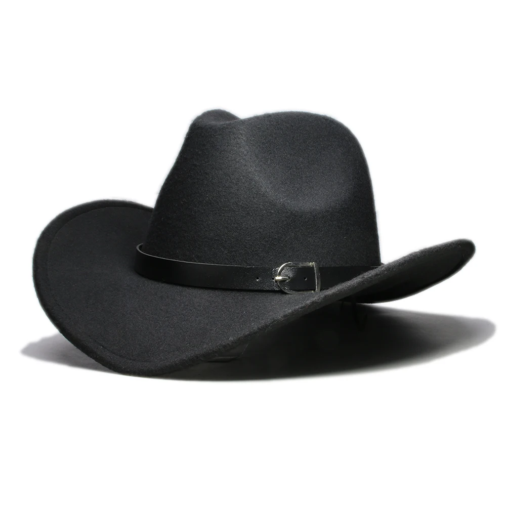 Vintage inverno pai-filho mulher homem/criança lã ampla borda cowboy western hat cowgirl bowler boné faixa de couro preto (61/57//54cm)