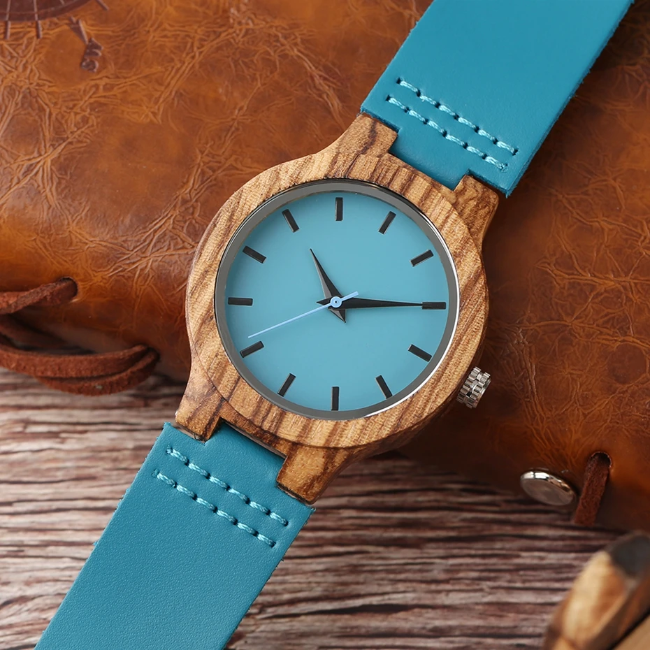 To My Mum-Engraved Wooden Watches Luxury Wristwatch Womens Watch Automatic Quartz Watches Turquoise Blue Timepieces in Gift Box