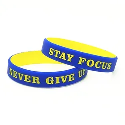1PC Never Give Up Silicone Bracelets&Bangles Blue Yellow Sporty Never Give Up Stay Focus Rubber Wristbands Men Women Gifts SH298