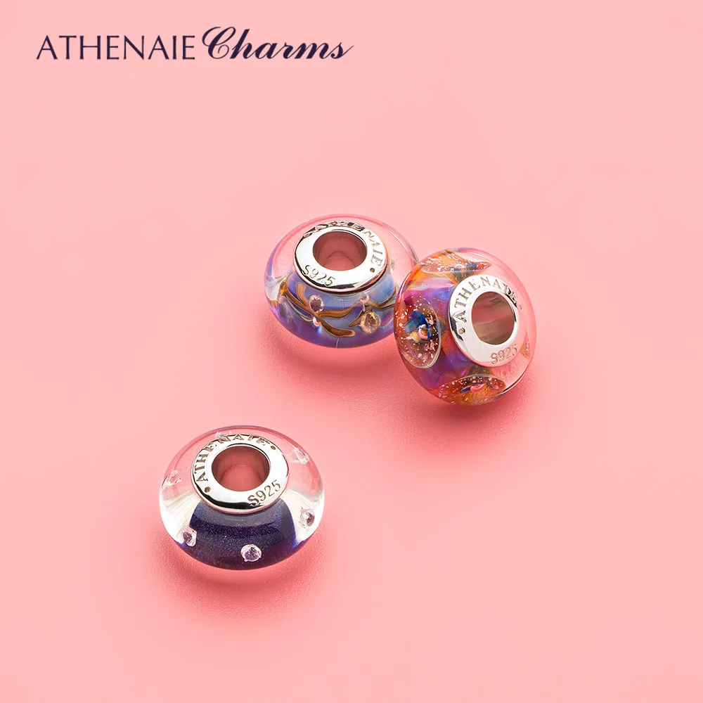 ATHENAIE 925 Silver Charms Genuine Murano Glass Beads Core Blink Dark Blue Sand Clear CZ Charms Fit Women DIY Bracelets Necklace